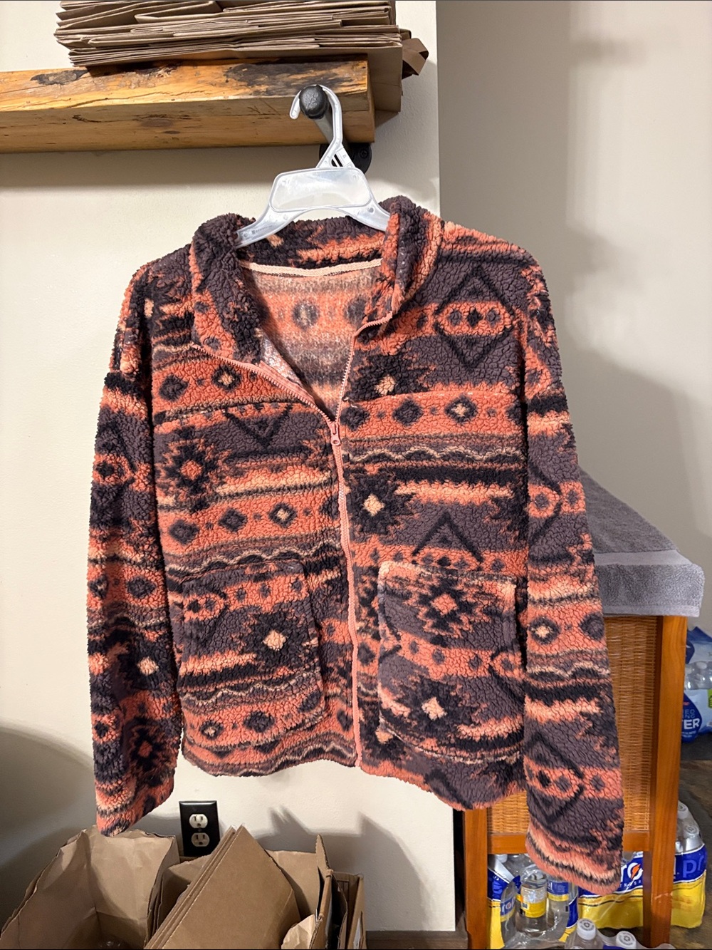 Cozy Hooded Zip Cardigan in Coral and Charcoal Pattern